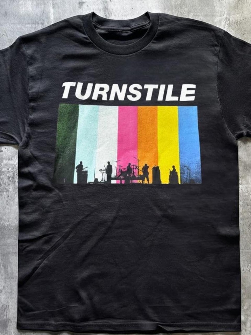 Gildan Black Turnstile Band Tee with Multicolor Vertical Bars